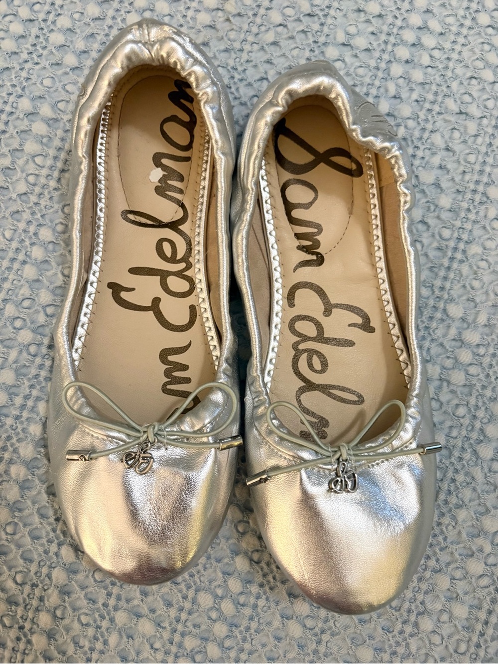 Sam Edelman Felicia Metallic Silver Leather Bow Ballet Flats sz 4